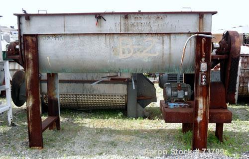 Used Double Spiral Ribbon Blender, 80 Cubic Feet Working Capacity, 304 Stainless Steel. Non-jacketed trough 36" wide x 120" long x approximately 38" deep. 3-1/2" Diameter shaft. Inner ribbon 2" wide ...