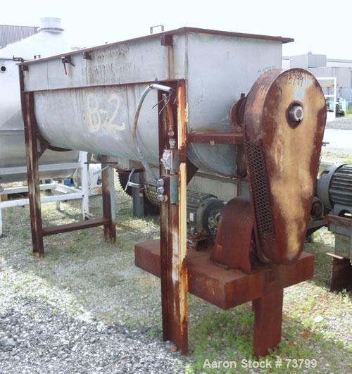Used Double Spiral Ribbon Blender, 80 Cubic Feet Working Capacity, 304 Stainless Steel. Non-jacketed trough 36" wide x 120" long x approximately 38" deep. 3-1/2" Diameter shaft. Inner ribbon 2" wide ...