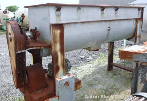 Used Double Spiral Ribbon Blender, 80 Cubic Feet Working Capacity, 304 Stainless Steel. Non-jacketed trough 36" wide x 120" long x approximately 38" deep. 3-1/2" Diameter shaft. Inner ribbon 2" wide ...