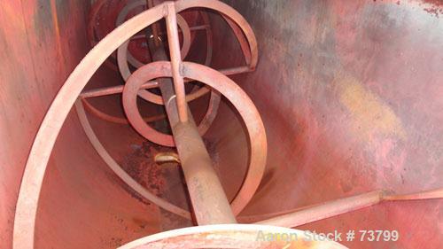 Used Double Spiral Ribbon Blender, 80 Cubic Feet Working Capacity, 304 Stainless Steel. Non-jacketed trough 36" wide x 120" long x approximately 38" deep. 3-1/2" Diameter shaft. Inner ribbon 2" wide ...