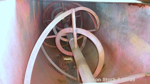 Used Double Spiral Ribbon Blender, 80 Cubic Feet Working Capacity, 304 Stainless Steel. Non-jacketed trough 36" wide x 120" long x approximately 38" deep. 3-1/2" Diameter shaft. Inner ribbon 2" wide ...