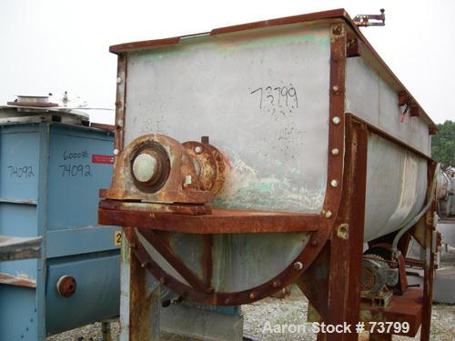 Used Double Spiral Ribbon Blender, 80 Cubic Feet Working Capacity, 304 Stainless Steel. Non-jacketed trough 36" wide x 120" long x approximately 38" deep. 3-1/2" Diameter shaft. Inner ribbon 2" wide ...