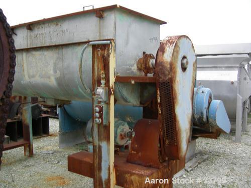 Used Double Spiral Ribbon Blender, 80 Cubic Feet Working Capacity, 304 Stainless Steel. Non-jacketed trough 36" wide x 120" long x approximately 38" deep. 3-1/2" Diameter shaft. Inner ribbon 2" wide ...