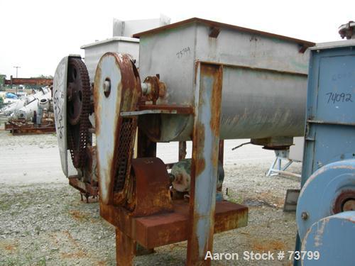 Used Double Spiral Ribbon Blender, 80 Cubic Feet Working Capacity, 304 Stainless Steel. Non-jacketed trough 36" wide x 120" long x approximately 38" deep. 3-1/2" Diameter shaft. Inner ribbon 2" wide ...