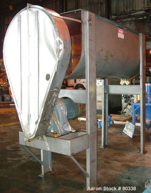 Used Ribbon Blender, 64 Cubic Feet Working Capacity, 304 Stainless Steel. Non-jacketed trough 36" wide x 96" long x approximately 39" deep. 4" diameter shaft, inner ribbon 2" wide x 1/4" thick, inter...