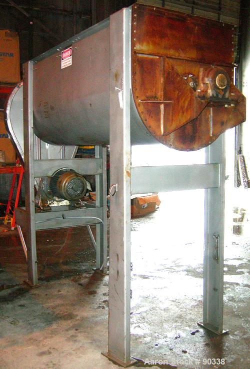 Used Ribbon Blender, 64 Cubic Feet Working Capacity, 304 Stainless Steel. Non-jacketed trough 36" wide x 96" long x approximately 39" deep. 4" diameter shaft, inner ribbon 2" wide x 1/4" thick, inter...
