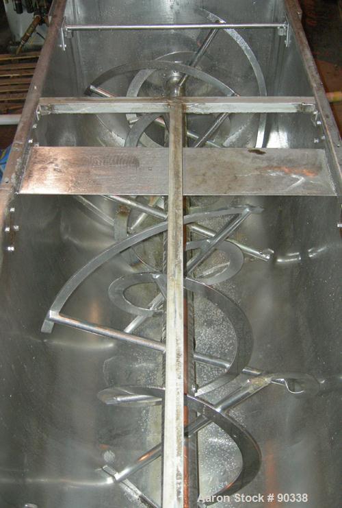 Used Ribbon Blender, 64 Cubic Feet Working Capacity, 304 Stainless Steel. Non-jacketed trough 36" wide x 96" long x approximately 39" deep. 4" diameter shaft, inner ribbon 2" wide x 1/4" thick, inter...