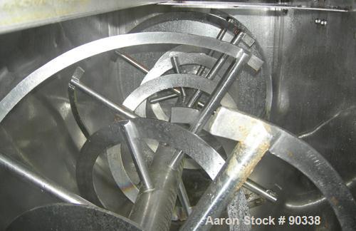 Used Ribbon Blender, 64 Cubic Feet Working Capacity, 304 Stainless Steel. Non-jacketed trough 36" wide x 96" long x approximately 39" deep. 4" diameter shaft, inner ribbon 2" wide x 1/4" thick, inter...