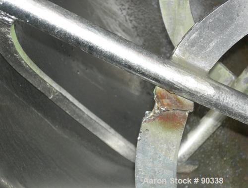 Used Ribbon Blender, 64 Cubic Feet Working Capacity, 304 Stainless Steel. Non-jacketed trough 36" wide x 96" long x approximately 39" deep. 4" diameter shaft, inner ribbon 2" wide x 1/4" thick, inter...
