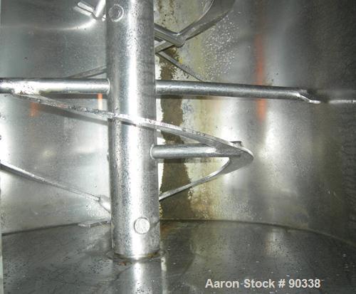 Used Ribbon Blender, 64 Cubic Feet Working Capacity, 304 Stainless Steel. Non-jacketed trough 36" wide x 96" long x approximately 39" deep. 4" diameter shaft, inner ribbon 2" wide x 1/4" thick, inter...