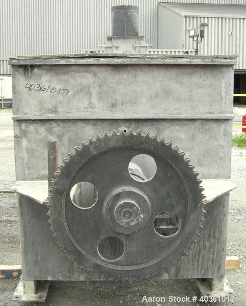 Used O'Hara double spiral ribbon blender, 200 cubic feet, model 200CU, 304 stainless steel. Non-jacketed trough approximately 54" wide x 144" long. Ribbons welded to posts. 1 piece top cover, 8" cent...