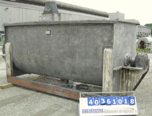 Used O'Hara Double Spiral Ribbon Blender, 200 cubic feet, model RB200, 304 stainless steel. Non-jacketed trough approximately 54" wide x 144" long. Ribbons welded to posts. 1 piece top cover, 8" cent...