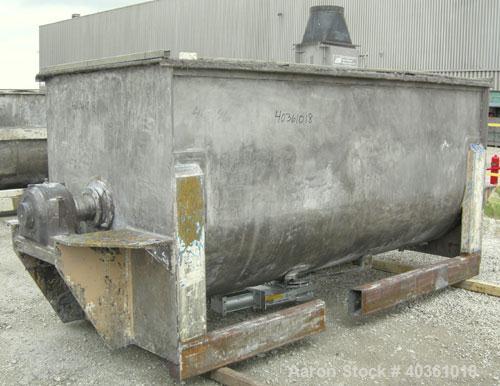 Used O'Hara Double Spiral Ribbon Blender, 200 cubic feet, model RB200, 304 stainless steel. Non-jacketed trough approximately 54" wide x 144" long. Ribbons welded to posts. 1 piece top cover, 8" cent...
