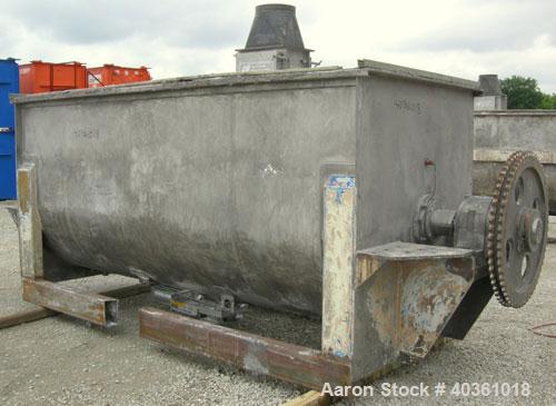 Used O'Hara Double Spiral Ribbon Blender, 200 cubic feet, model RB200, 304 stainless steel. Non-jacketed trough approximately 54" wide x 144" long. Ribbons welded to posts. 1 piece top cover, 8" cent...