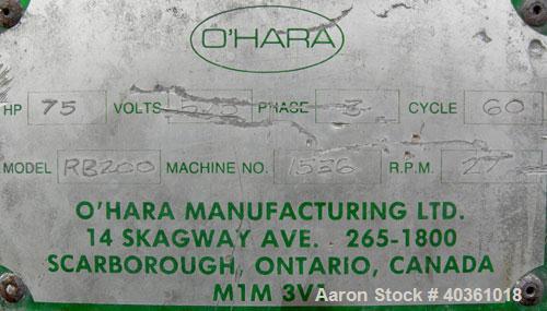 Used O'Hara Double Spiral Ribbon Blender, 200 cubic feet, model RB200, 304 stainless steel. Non-jacketed trough approximately 54" wide x 144" long. Ribbons welded to posts. 1 piece top cover, 8" cent...