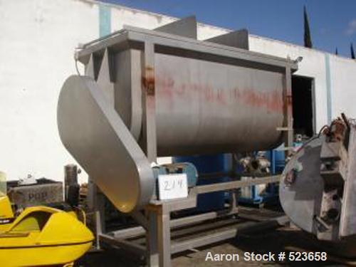 USED: OHI 240 cubic foot double ribbon blender. 48" wide x 12' long x5' deep, all stainless steel construction, with (2) 6" bottom outlets,(1) 3" tri clamp end drain, open top with safety bar top gri...