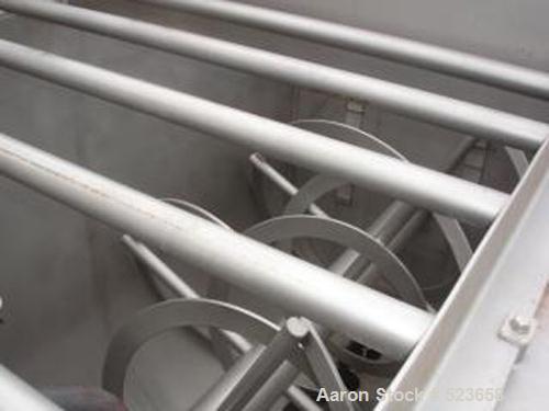 USED: OHI 240 cubic foot double ribbon blender. 48" wide x 12' long x5' deep, all stainless steel construction, with (2) 6" bottom outlets,(1) 3" tri clamp end drain, open top with safety bar top gri...