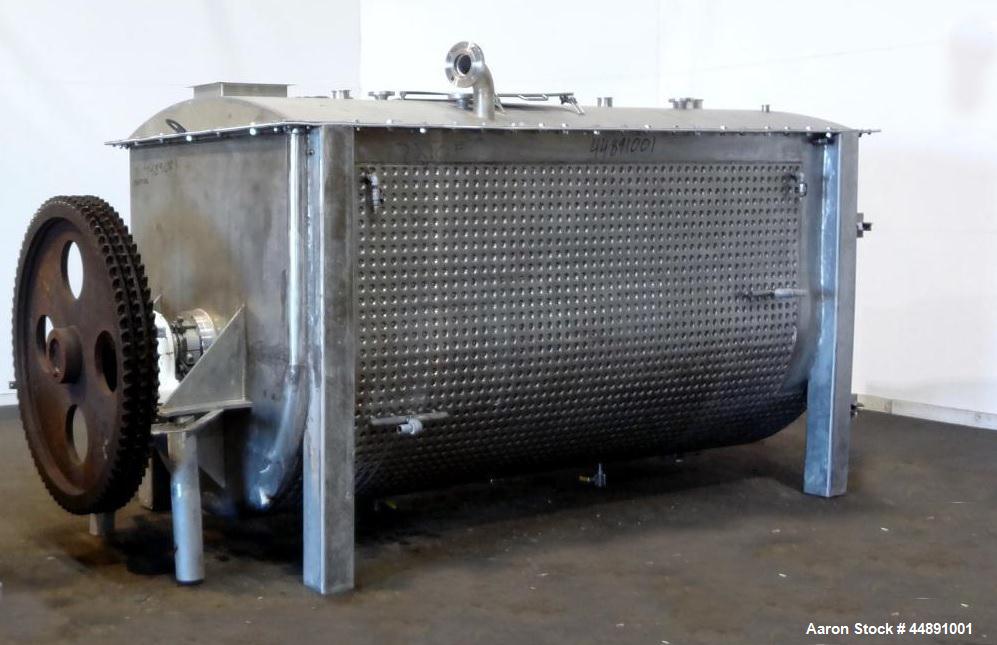 Used Mueller Double Spiral Ribbon Blender, 220 cubic feet working capacity, 304 stainless steel.  304 Stainless steel non-code dimple jacketed trough 60" wide x 129" long x approximately 60" deep, ra...
