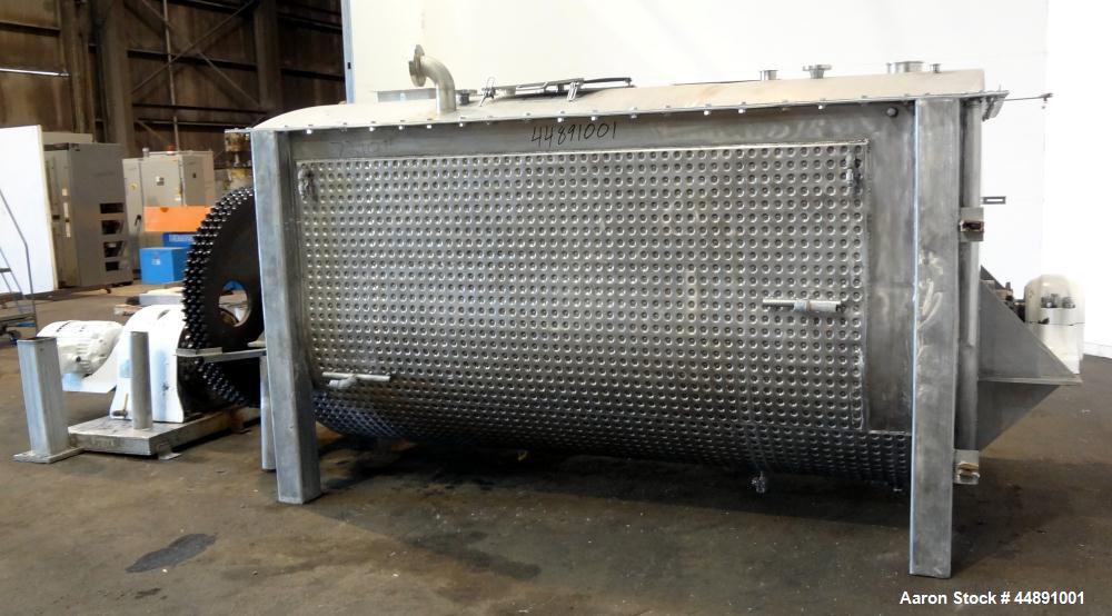 Used Mueller Double Spiral Ribbon Blender, 220 cubic feet working capacity, 304 stainless steel.  304 Stainless steel non-code dimple jacketed trough 60" wide x 129" long x approximately 60" deep, ra...