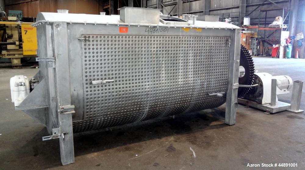 Used Mueller Double Spiral Ribbon Blender, 220 cubic feet working capacity, 304 stainless steel.  304 Stainless steel non-code dimple jacketed trough 60" wide x 129" long x approximately 60" deep, ra...