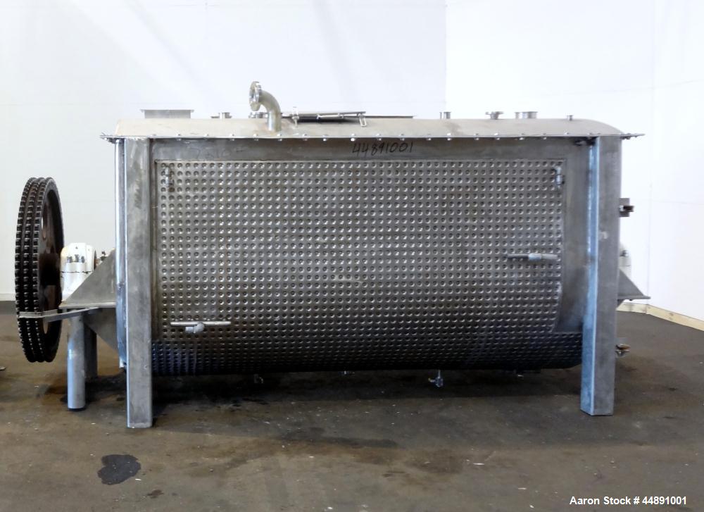 Used Mueller Double Spiral Ribbon Blender, 220 cubic feet working capacity, 304 stainless steel.  304 Stainless steel non-code dimple jacketed trough 60" wide x 129" long x approximately 60" deep, ra...