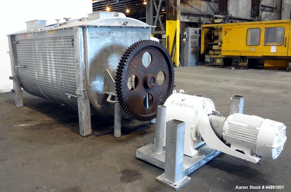 Used Mueller Double Spiral Ribbon Blender, 220 cubic feet working capacity, 304 stainless steel.  304 Stainless steel non-code dimple jacketed trough 60" wide x 129" long x approximately 60" deep, ra...