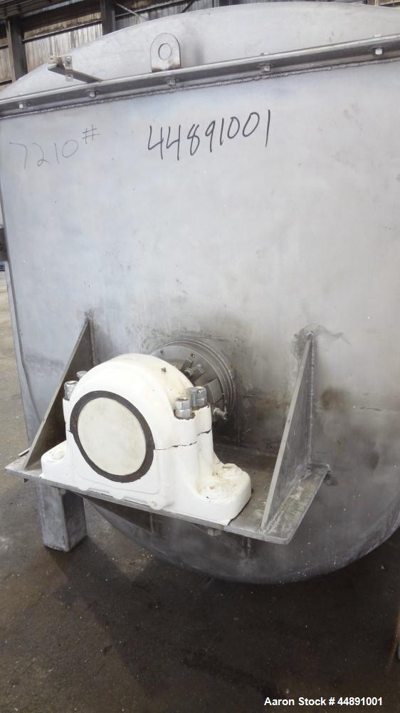 Used Mueller Double Spiral Ribbon Blender, 220 cubic feet working capacity, 304 stainless steel.  304 Stainless steel non-code dimple jacketed trough 60" wide x 129" long x approximately 60" deep, ra...