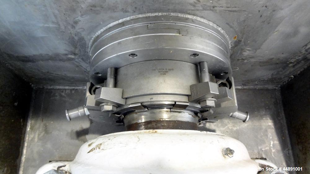 Used Mueller Double Spiral Ribbon Blender, 220 cubic feet working capacity, 304 stainless steel.  304 Stainless steel non-code dimple jacketed trough 60" wide x 129" long x approximately 60" deep, ra...