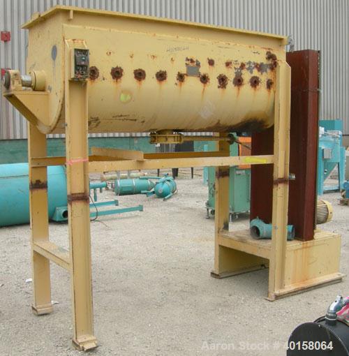 Used Paul O Abbe #10 Double Spiral Ribbon Blender, 40 cubic feet working capacity, 304 stainless steel. Carbon steel jacketed trough 30'' wide x 88'' x approximately 34" deep, rated 14 psi. 5" diamet...