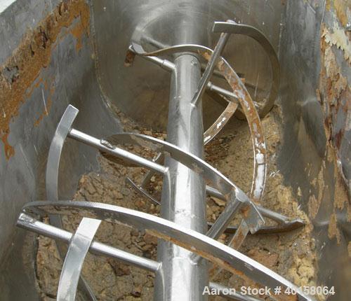 Used Paul O Abbe #10 Double Spiral Ribbon Blender, 40 cubic feet working capacity, 304 stainless steel. Carbon steel jacketed trough 30'' wide x 88'' x approximately 34" deep, rated 14 psi. 5" diamet...