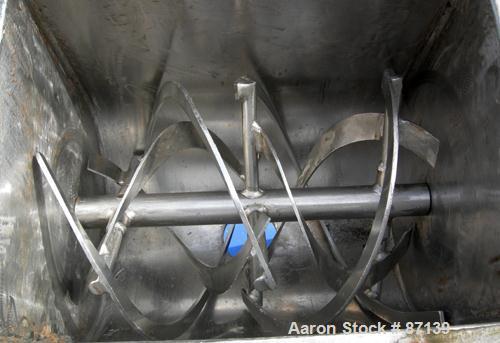 USED: Paul O Abbe double spiral ribbon blender, 1.18 cubic feet working capacity, 304 stainless steel. Non-jacketed trough 12" wide x 16" long x approximately 15" deep. 1-1/2" diameter shaft, inner r...