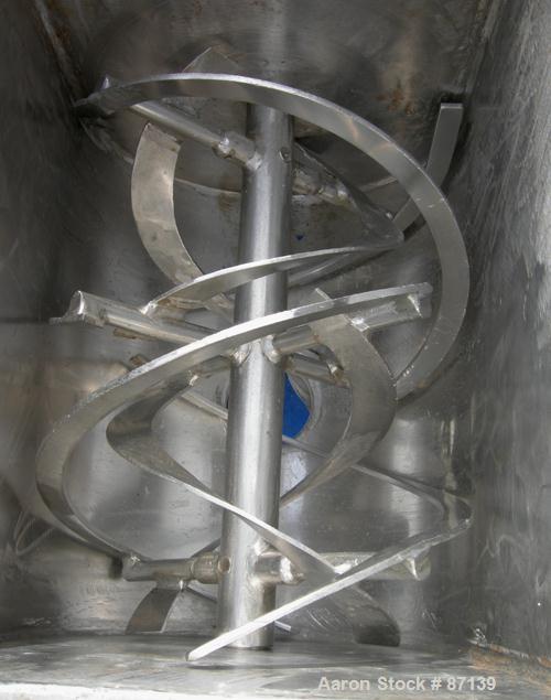 USED: Paul O Abbe double spiral ribbon blender, 1.18 cubic feet working capacity, 304 stainless steel. Non-jacketed trough 12" wide x 16" long x approximately 15" deep. 1-1/2" diameter shaft, inner r...