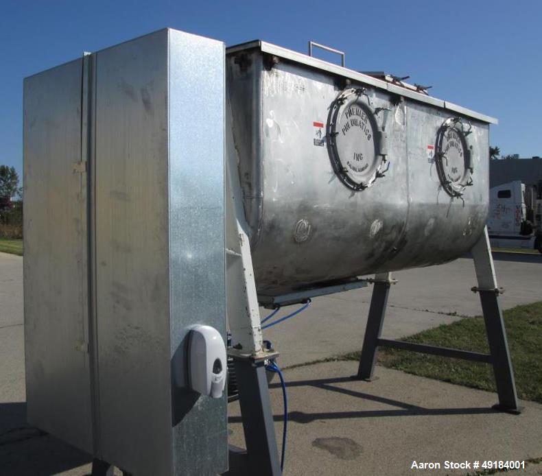 Used Pillsbury Company Double Spiral Ribbon Blender. Approximate 128 cubic feet. 304 stainless steel. Non-jacketed trough approximately 123-1/2" long x 45" wide x 50" deep. Approximate 10" diameter s...