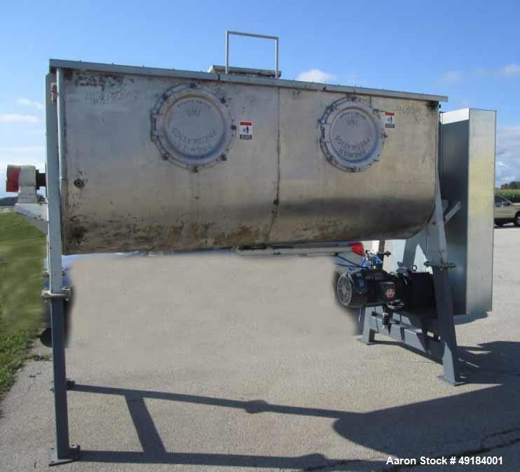Used Pillsbury Company Double Spiral Ribbon Blender. Approximate 128 cubic feet. 304 stainless steel. Non-jacketed trough approximately 123-1/2" long x 45" wide x 50" deep. Approximate 10" diameter s...