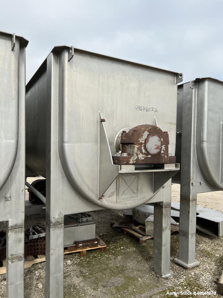 Used 316 Stainless Steel Double Spiral Ribbon Blender. Approximate 270 Cubic Foot working capacity. Non-Jacketed trough approximately 144" L x 60" W x 66" Deep. Open top, no cover. Approximate 10" di...
