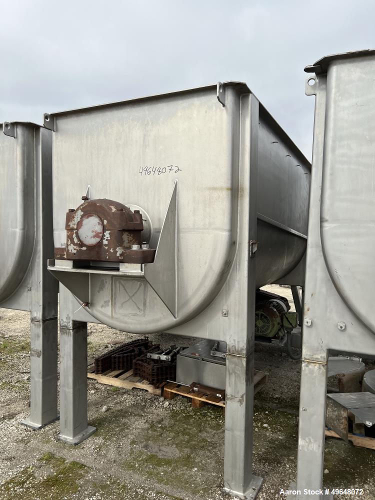 Used 316 Stainless Steel Double Spiral Ribbon Blender. Approximate 270 Cubic Foot working capacity. Non-Jacketed trough approximately 144" L x 60" W x 66" Deep. Open top, no cover. Approximate 10" di...