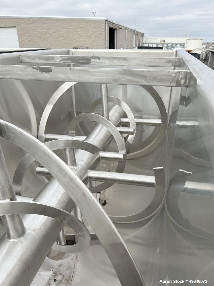 Used 316 Stainless Steel Double Spiral Ribbon Blender. Approximate 270 Cubic Foot working capacity. Non-Jacketed trough approximately 144" L x 60" W x 66" Deep. Open top, no cover. Approximate 10" di...