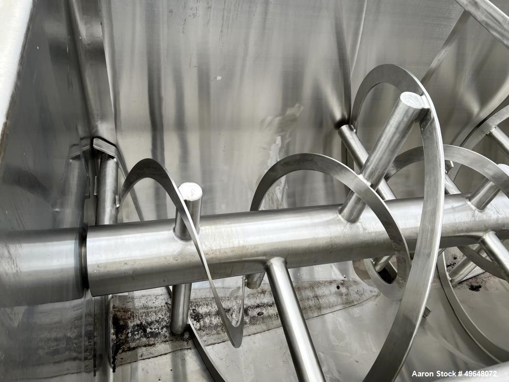 Used 316 Stainless Steel Double Spiral Ribbon Blender. Approximate 270 Cubic Foot working capacity. Non-Jacketed trough approximately 144" L x 60" W x 66" Deep. Open top, no cover. Approximate 10" di...