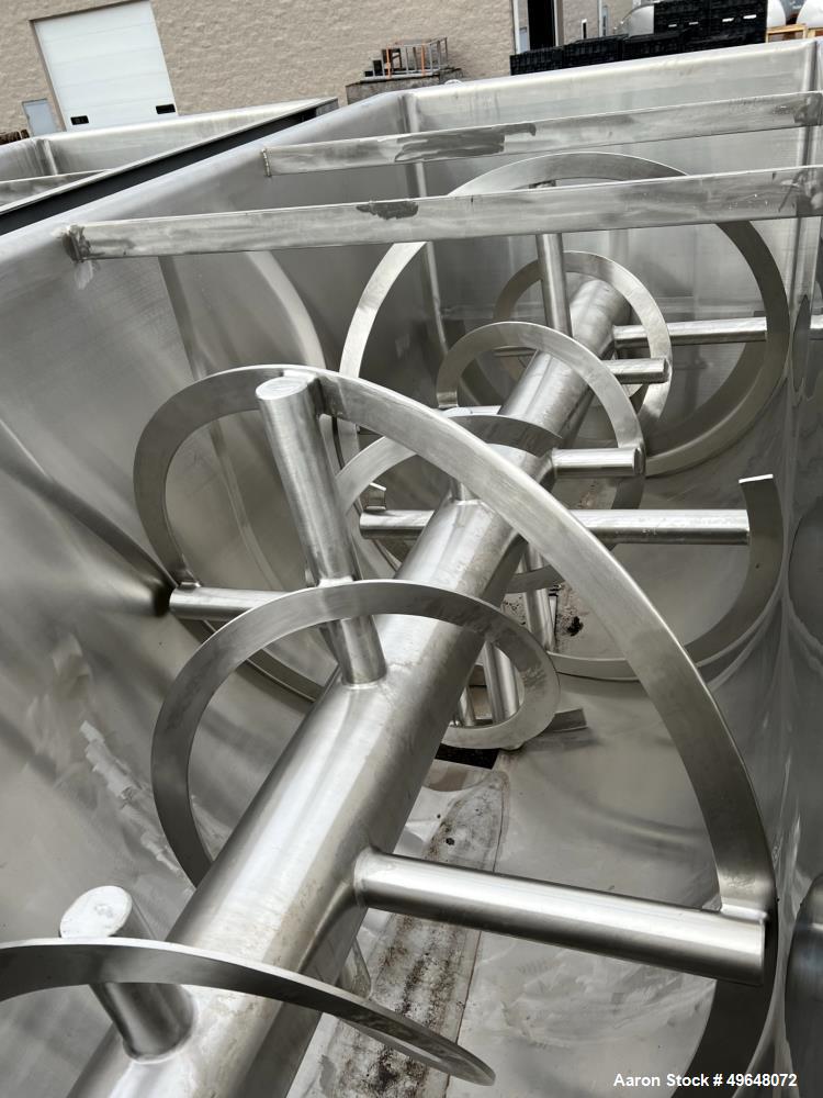 Used 316 Stainless Steel Double Spiral Ribbon Blender. Approximate 270 Cubic Foot working capacity. Non-Jacketed trough approximately 144" L x 60" W x 66" Deep. Open top, no cover. Approximate 10" di...