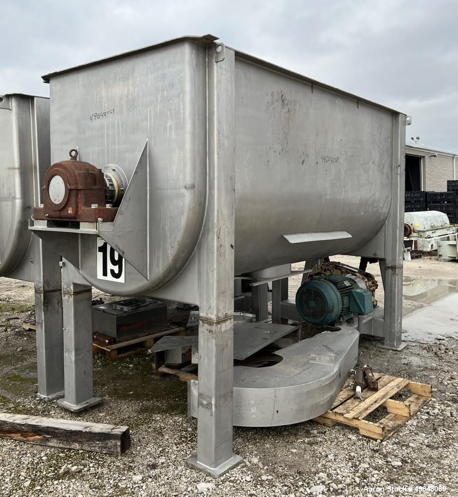 Used 316 Stainless Steel Double Spiral Ribbon Blender. Approximate 270 Cubic Foot working capacity. Non-Jacketed trough approximately 144" L x 60" W x 66" Deep. Open top, no cover. Approximate 10" di...