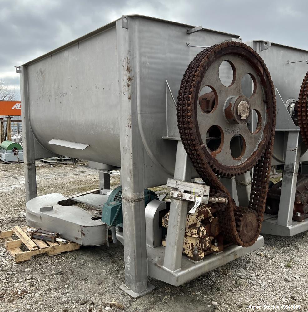 Used 316 Stainless Steel Double Spiral Ribbon Blender. Approximate 270 Cubic Foot working capacity. Non-Jacketed trough approximately 144" L x 60" W x 66" Deep. Open top, no cover. Approximate 10" di...