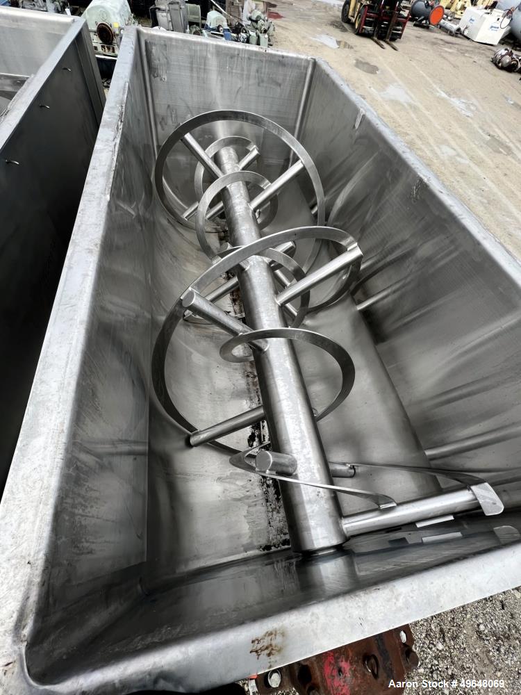 Used 316 Stainless Steel Double Spiral Ribbon Blender. Approximate 270 Cubic Foot working capacity. Non-Jacketed trough approximately 144" L x 60" W x 66" Deep. Open top, no cover. Approximate 10" di...