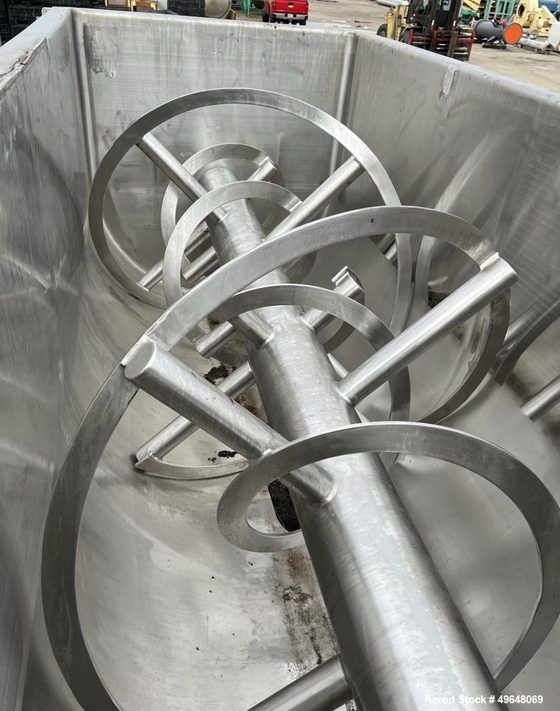 Used 316 Stainless Steel Double Spiral Ribbon Blender. Approximate 270 Cubic Foot working capacity. Non-Jacketed trough approximately 144" L x 60" W x 66" Deep. Open top, no cover. Approximate 10" di...