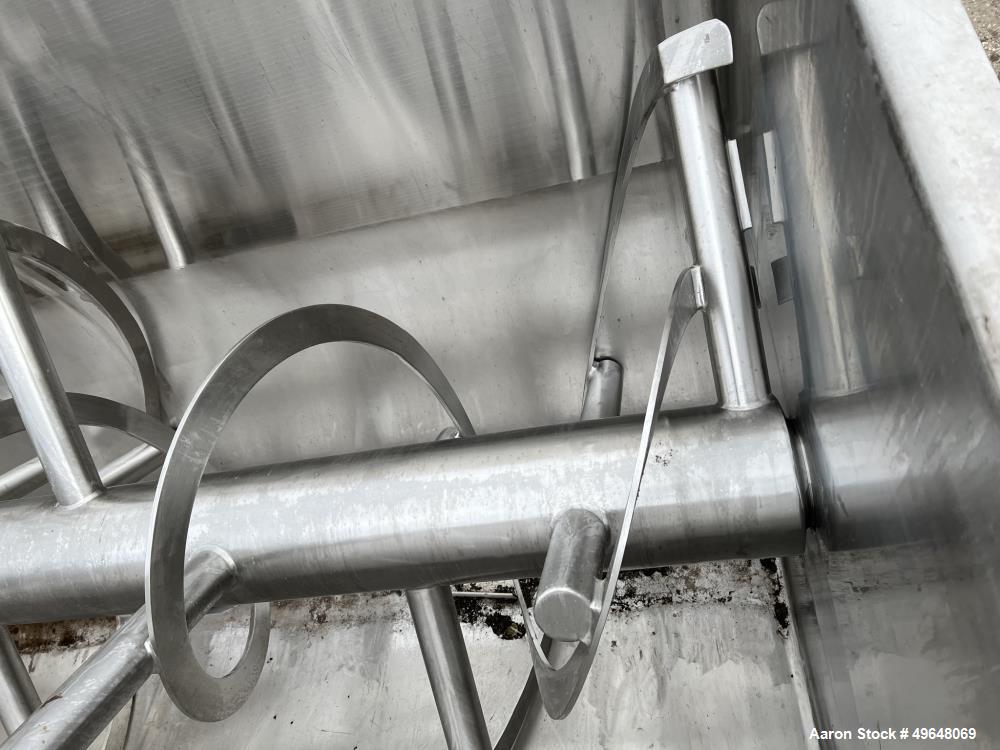 Used 316 Stainless Steel Double Spiral Ribbon Blender. Approximate 270 Cubic Foot working capacity. Non-Jacketed trough approximately 144" L x 60" W x 66" Deep. Open top, no cover. Approximate 10" di...