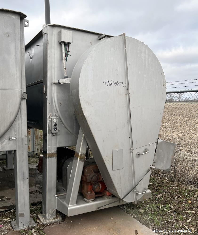 Used 316 Stainless Steel Double Spiral Ribbon Blender. Approximate 270 Cubic Foot working capacity. Non-Jacketed trough approximately 144" L x 60" W x 66" Deep. Open top, no cover. Approximate 10" di...