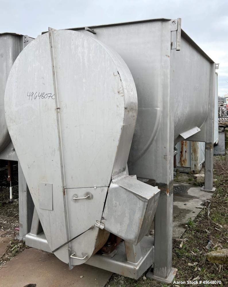 Used 316 Stainless Steel Double Spiral Ribbon Blender. Approximate 270 Cubic Foot working capacity. Non-Jacketed trough approximately 144" L x 60" W x 66" Deep. Open top, no cover. Approximate 10" di...
