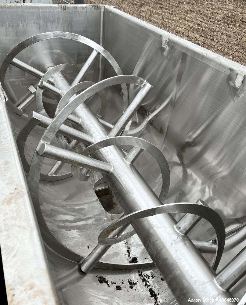 Used 316 Stainless Steel Double Spiral Ribbon Blender. Approximate 270 Cubic Foot working capacity. Non-Jacketed trough approximately 144" L x 60" W x 66" Deep. Open top, no cover. Approximate 10" di...
