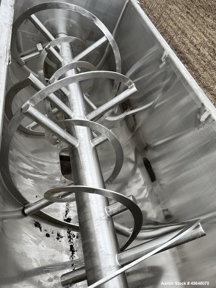 Used 316 Stainless Steel Double Spiral Ribbon Blender. Approximate 270 Cubic Foot working capacity. Non-Jacketed trough approximately 144" L x 60" W x 66" Deep. Open top, no cover. Approximate 10" di...