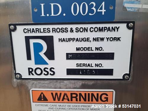 ROSS 18 Cubic Foot Double Ribbon Mixer, Model RB42N-18SS,