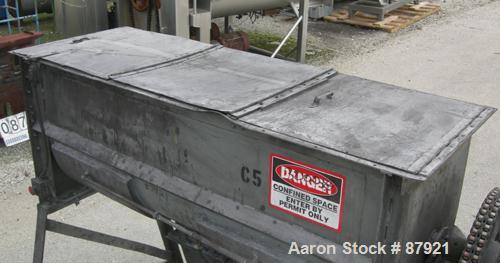 Used Robinson Double Spiral Ribbon Blender, Size 7, 44 Cubic Feet Working Capacity, Carbon Steel. Jacketed trough 30" wide x 96" long x approximately 35" deep, no rating. 5" diameter shaft, inner rib...
